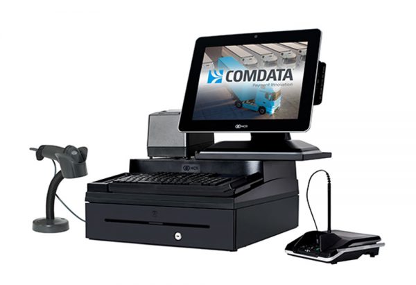 Image of a computer with a touch screen on top of a black cash register. The point of sale software from Monify is within the touch screen and there is also a scanner and pin pad for credit card processing services.