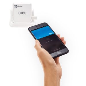 Image of a hand holding a smartphone, about to tap the Clover Go point-of-sale equipment from Monify.