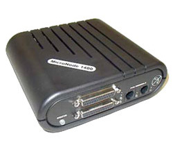 Image of a black Micronode 1400 from Monify with multiple connector ports for enhanced credit card processing services.