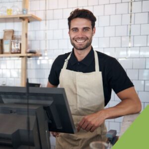 waiter at pos system in restaurant