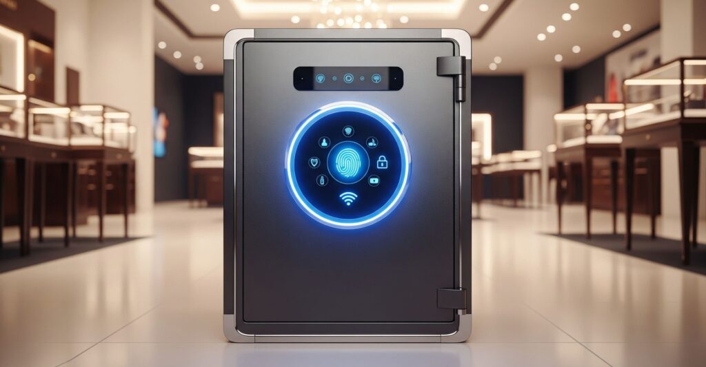 A modern, high-tech smart safe in a professional retail settin