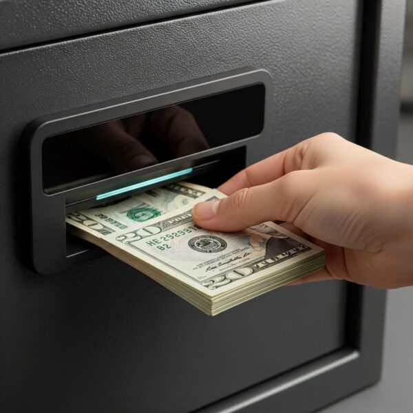 Hand depositing cash into a secure smart safe deposit slot.