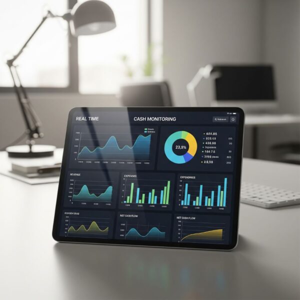 A tablet screen showing real-time financial analytics and charts.